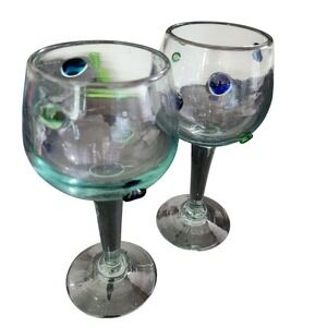 Heavy colorful bubble glass wine glasses Set of 2 thick glass